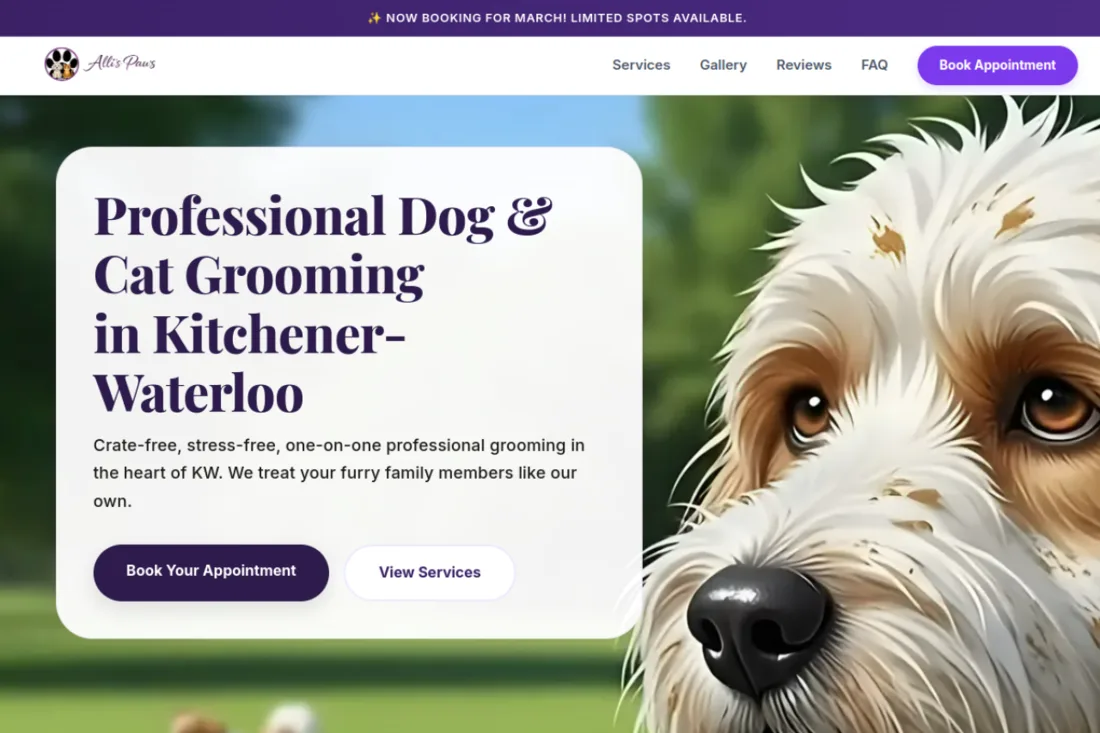 Alli's Paws Pet Grooming website homepage, designed by Bark Boost