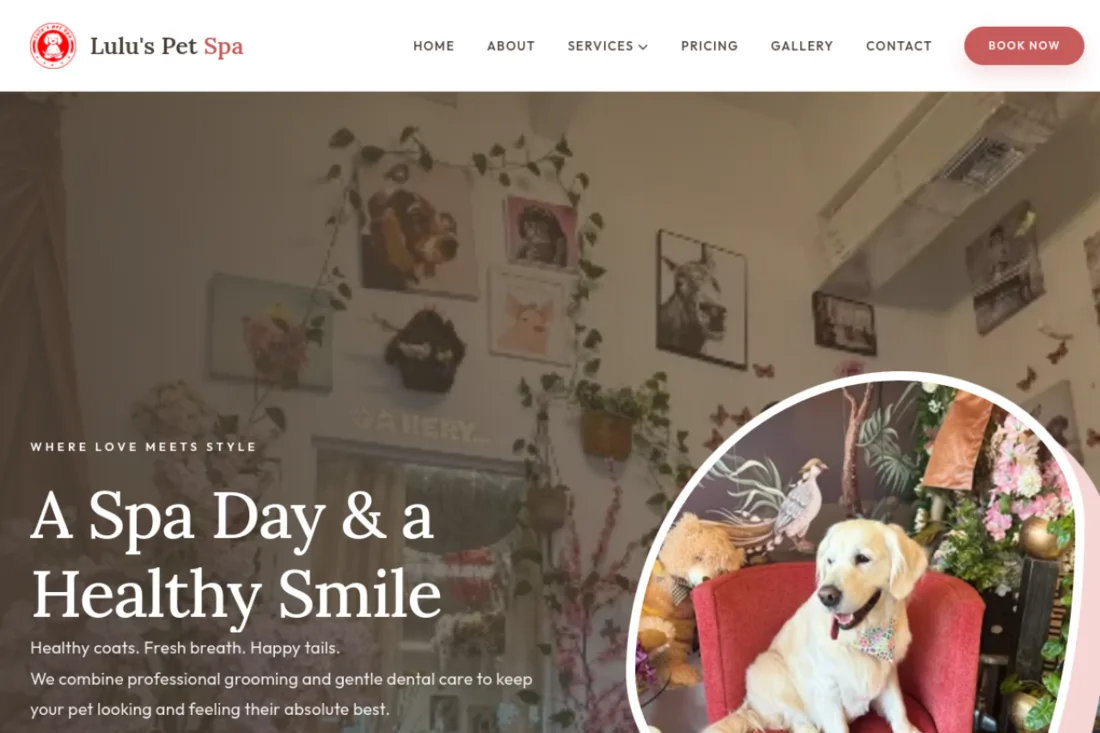 Lulu's Pet Spa website homepage, designed by Bark Boost