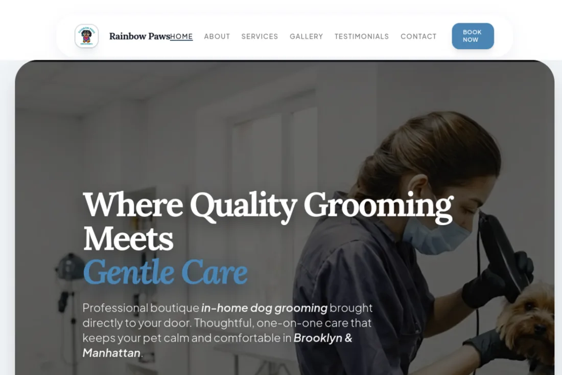 Rainbow Paws Grooming website homepage, designed by Bark Boost