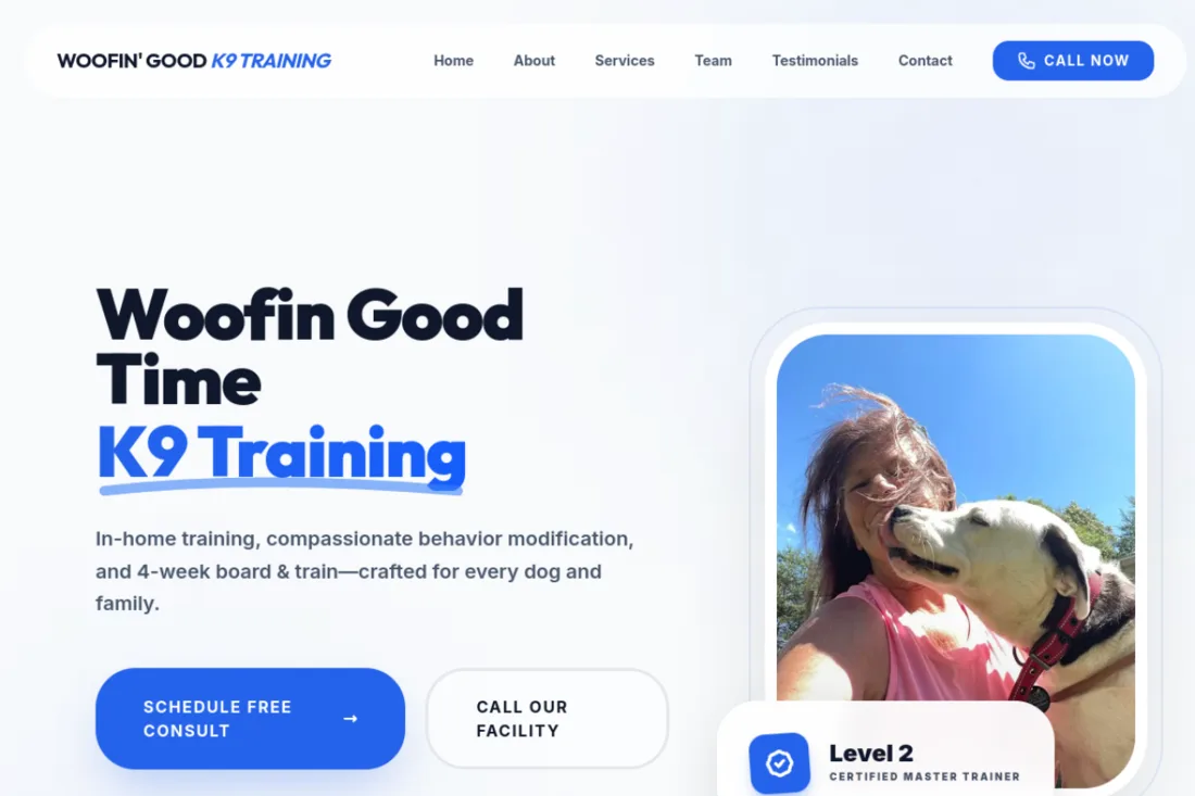Woofin' Good Time K9 Training website homepage, designed by Bark Boost